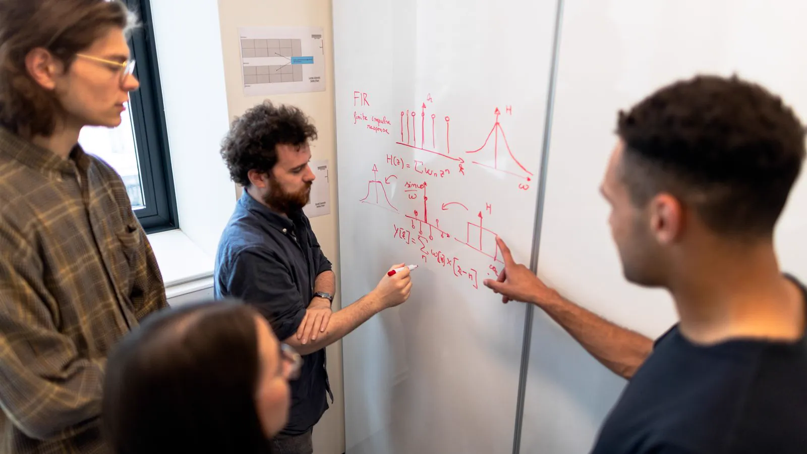 Engineers working through a system design together at a whiteboard